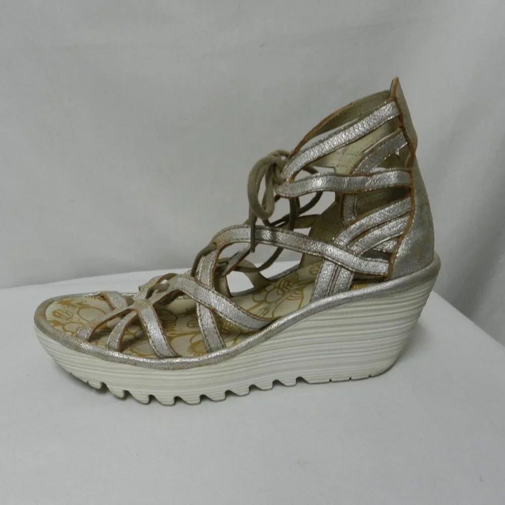 Fly London Yuke Leather Wedge Gladiator strappy sandals heels silver Size 38  8